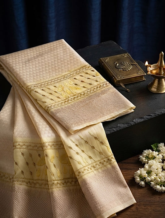 Hema Kanak – Ivory Gold Handwoven Saree with Zari & Botanical Embroidery