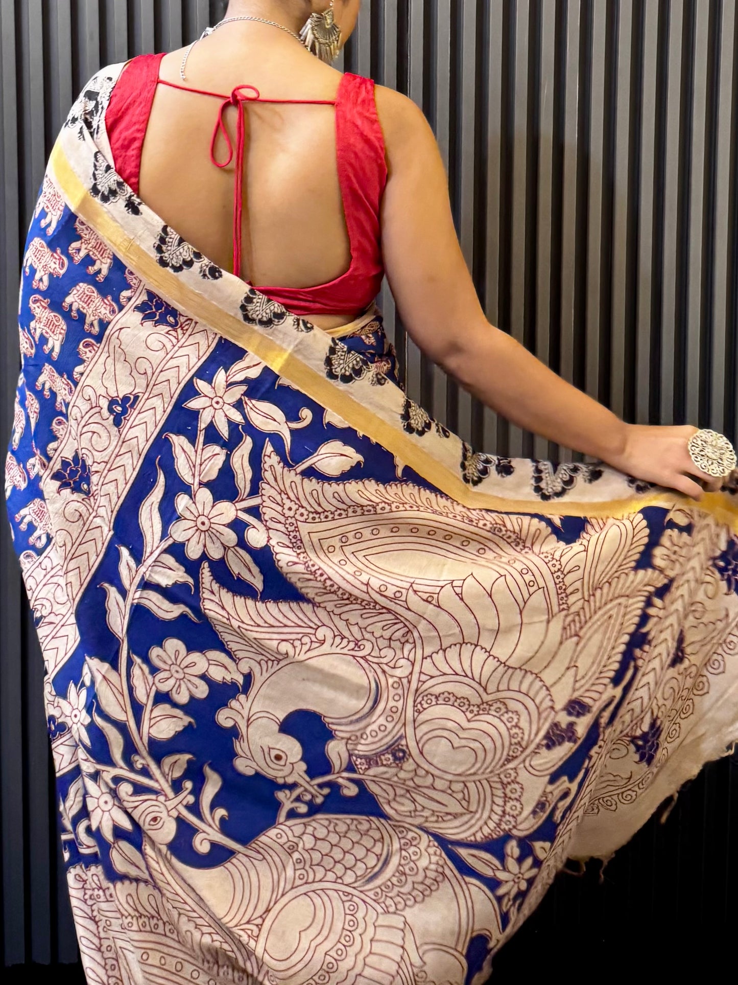Hastika - Royal Blue Kalamkari silk saree with Elephant & Peacock Motifs