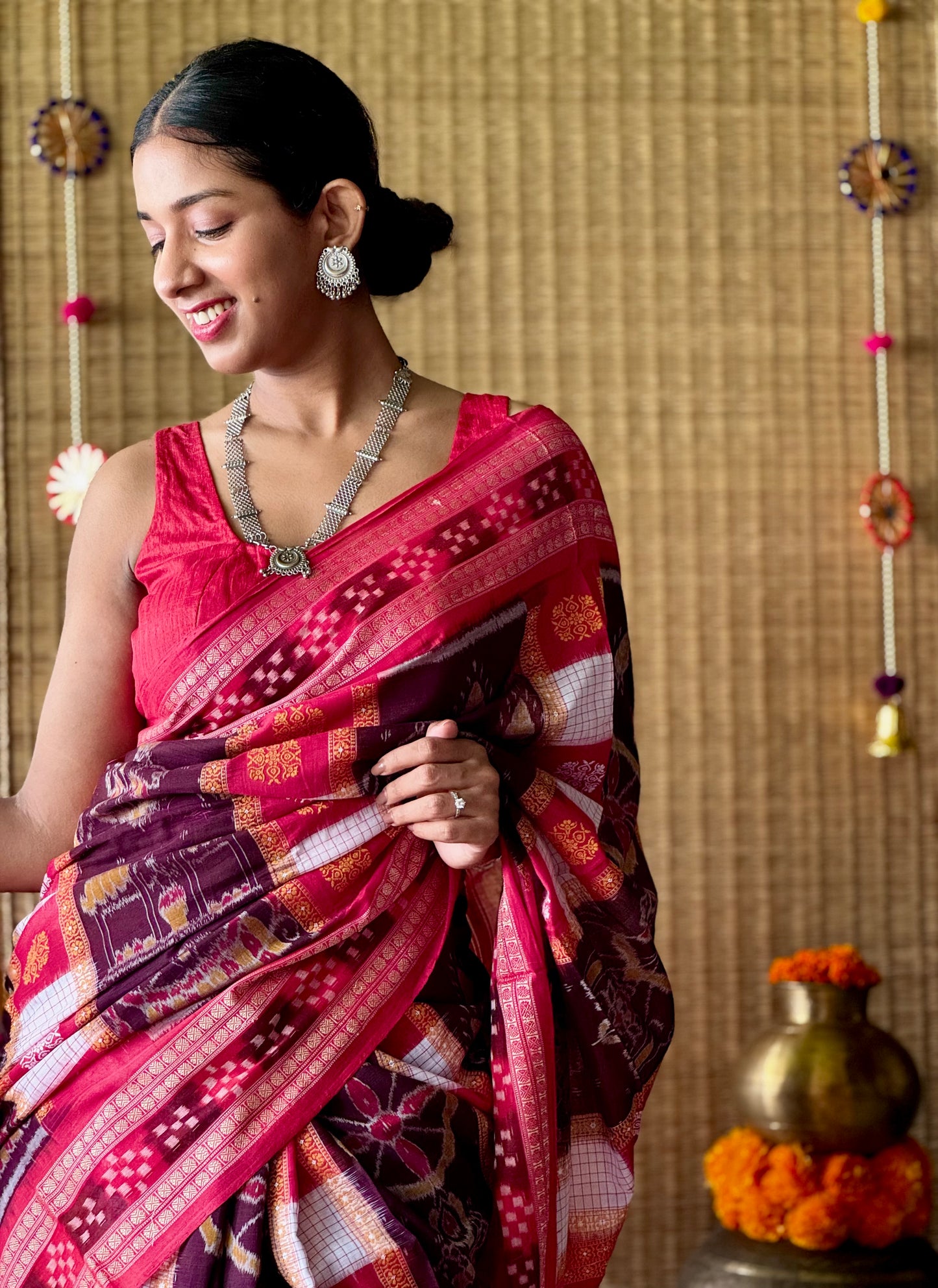 Rajasi - Plum & Crimson Red Sambalpuri Cotton Saree
