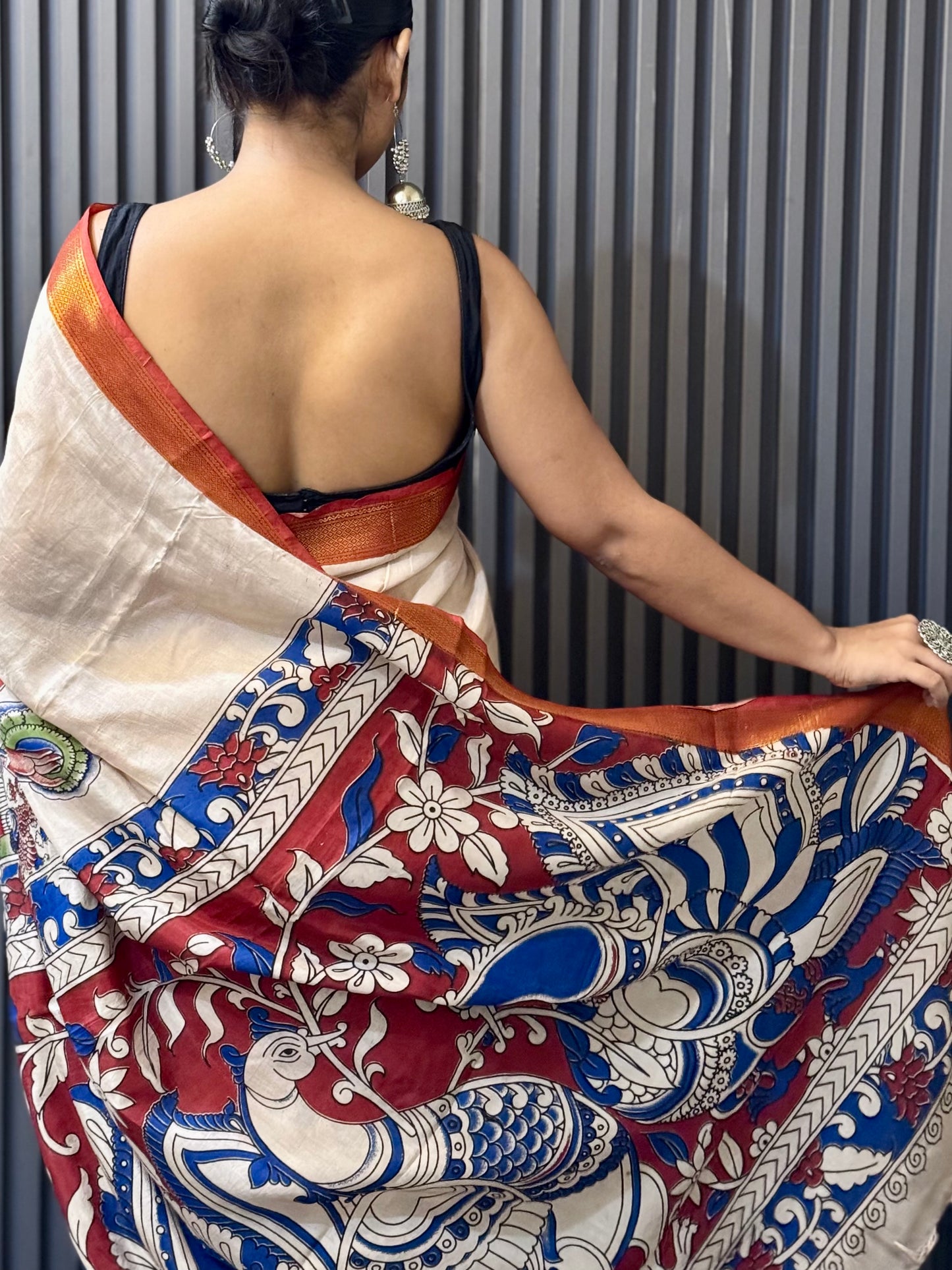 Ira - Beige kalamkari silk saree with Mythological & Peacock Motifs
