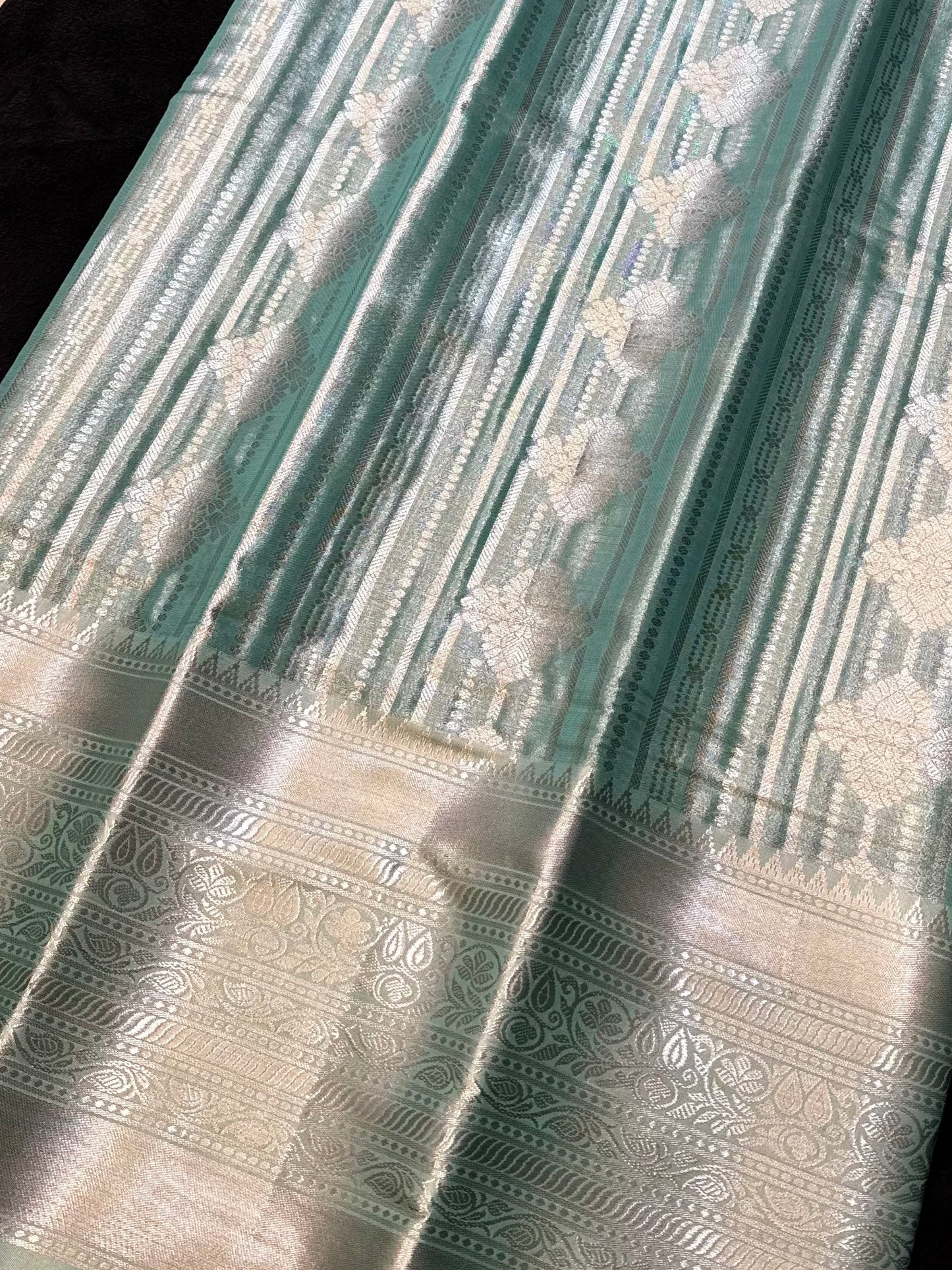 Varnika – Mint Silver Self-Woven Kanjeevaram Silk Saree with Traditional Motifs