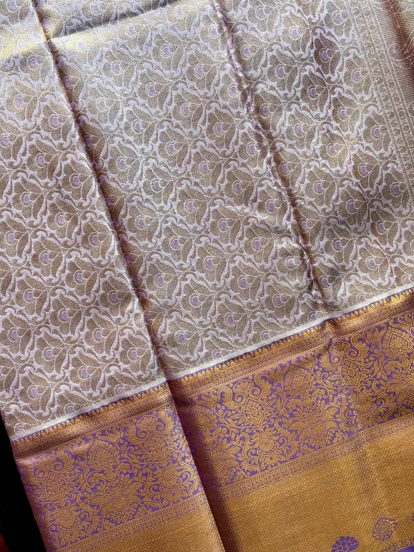 Tarang - Antique Gold & Lavender Kanchipuram Silk Saree with Floral Jaal