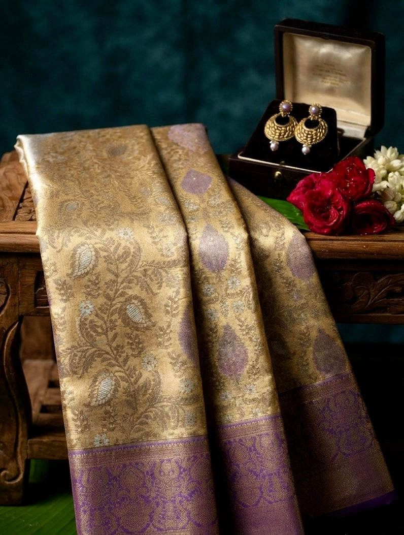 Tarang - Antique Gold & Lavender Kanchipuram Silk Saree with Floral Jaal
