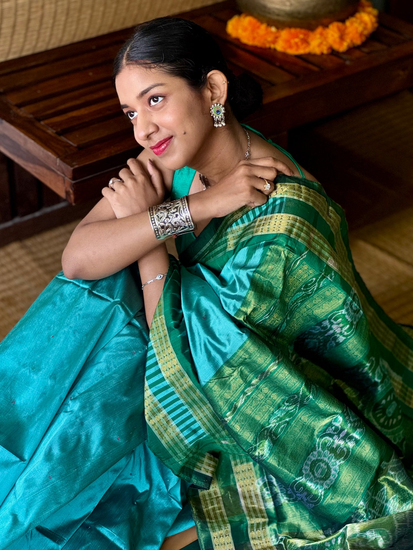 Mayuri - Sea Green & Emerald Green Sambalpuri Bomkai Silk saree