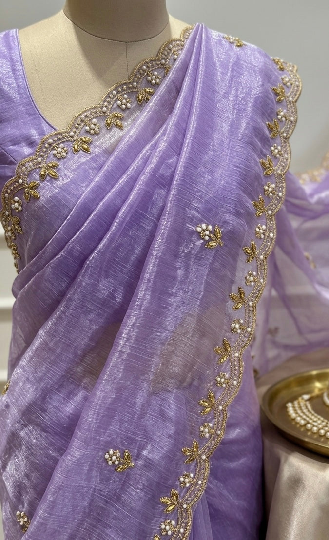 Mrinalini – A Tissue Silk Saree with Pearl and Zari Embroidery