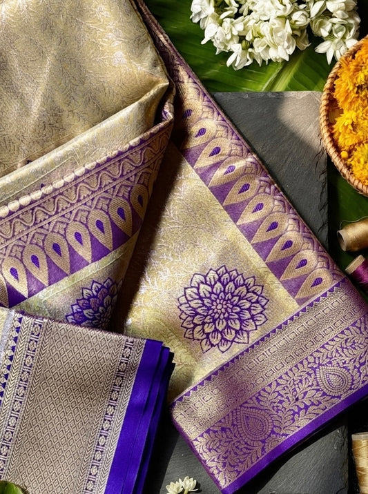 Induja - Royal Lavender &amp; Gold Kanchipuram Silk Saree with Lotus Buttas