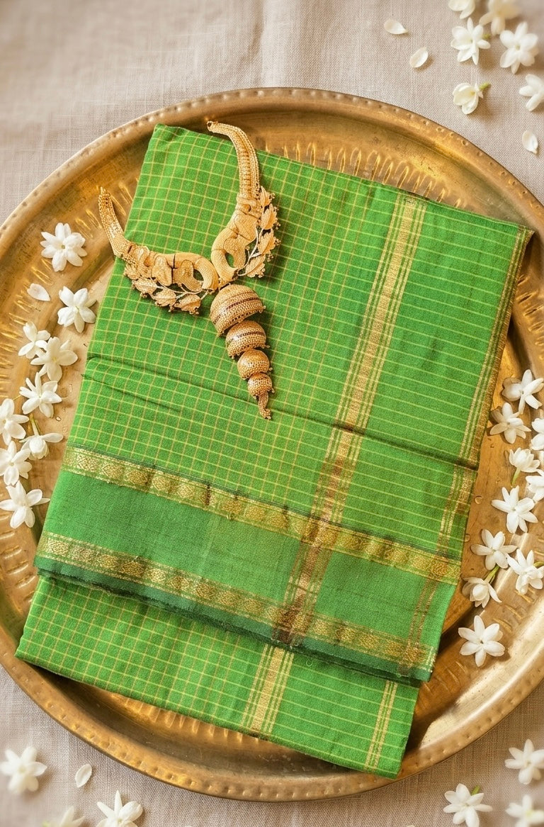 Vanya – A Handwoven Green Checkered Saree with Gold Zari Detailing