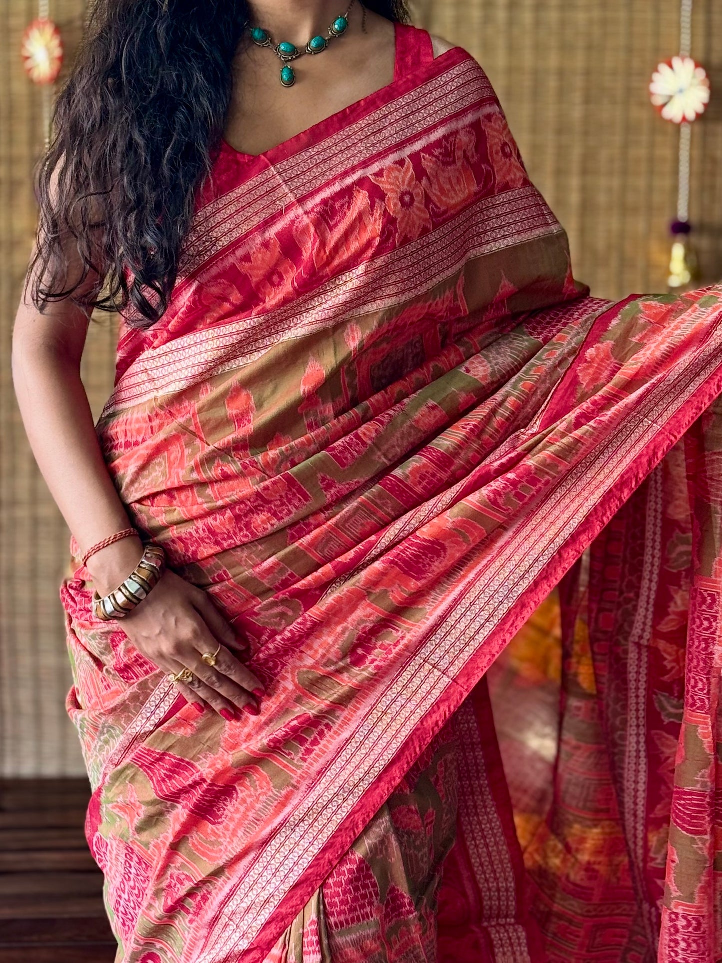 Kesariya - Red & Olive green Sambalpuri Silk-Cotton Saree