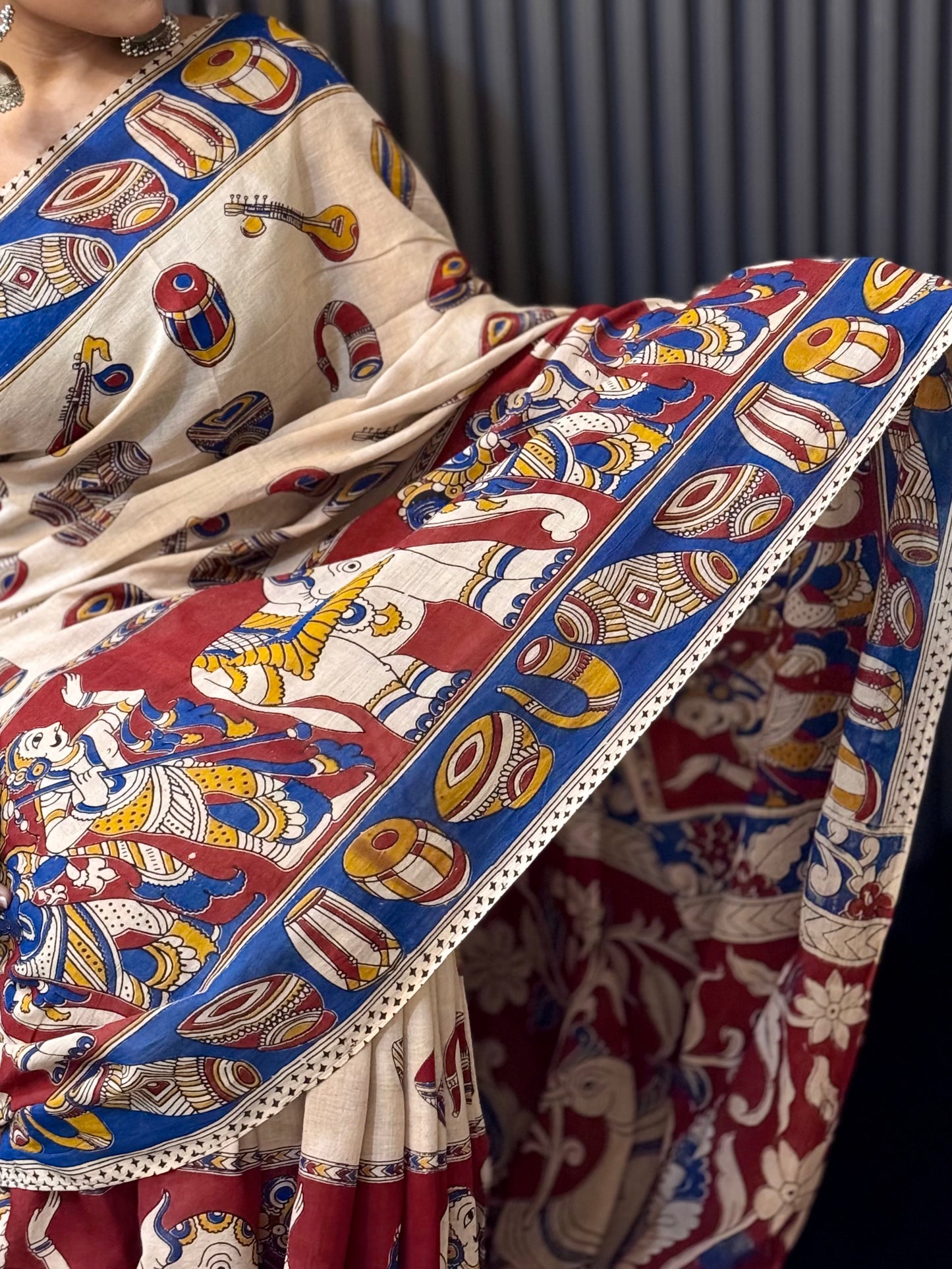Swarangi - Cream Kalamkari mulmul cotton saree with Musical & Mythological Motifs