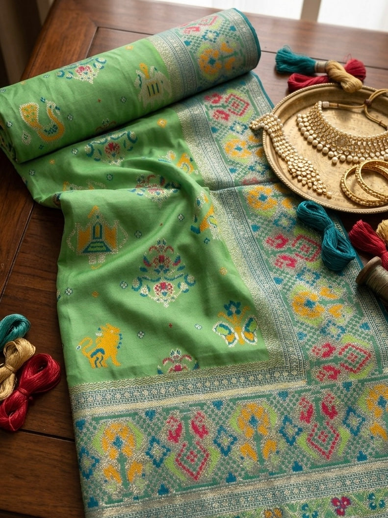 Morni – A Handwoven Green Patola Saree with Peacock and Elephant Motifs, Accented by a Teal-Silver Zari Border