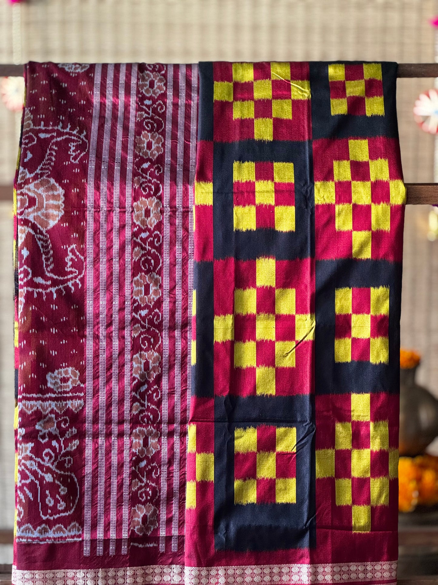 Chandrika - Maroon, Black & Mustard Yellow Pasapalli Sambalpuri Silk saree