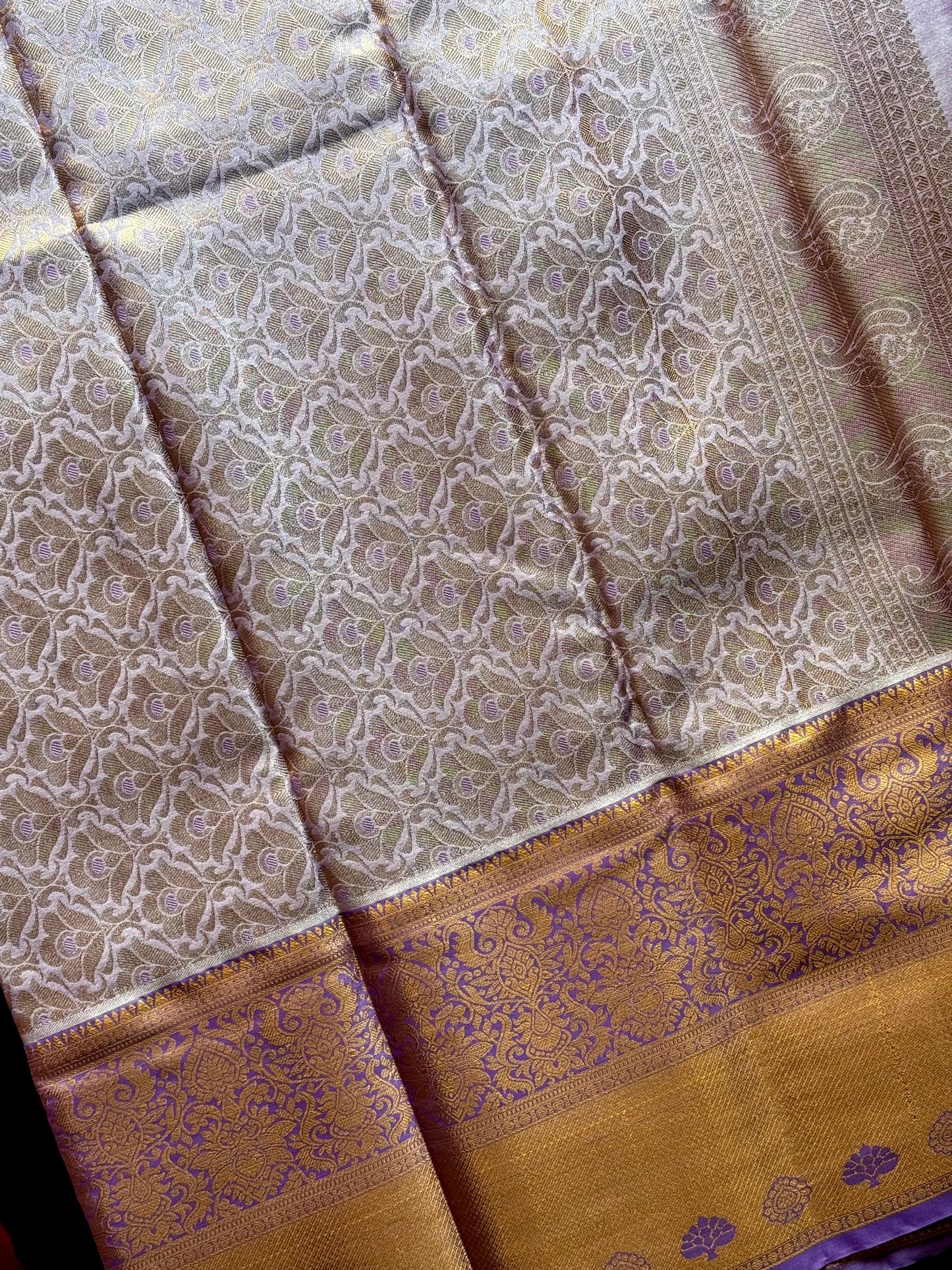 Tarang - Antique Gold & Lavender Kanchipuram Silk Saree with Floral Jaal