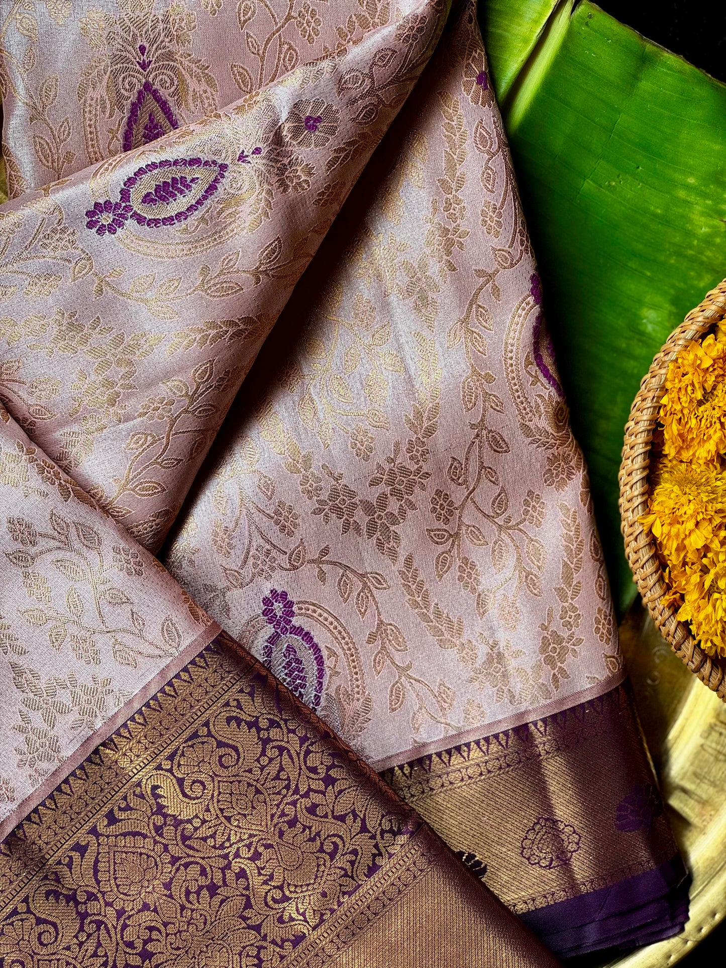 Sharvani - Champagne Gold & Violet Kanchipuram Silk Saree with Mughal Buttas
