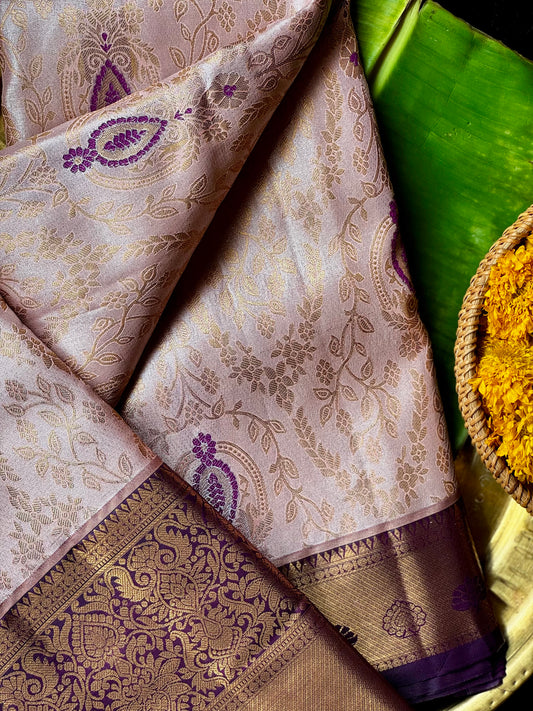Sharvani - Champagne Gold & Violet Kanchipuram Silk Saree with Mughal Buttas