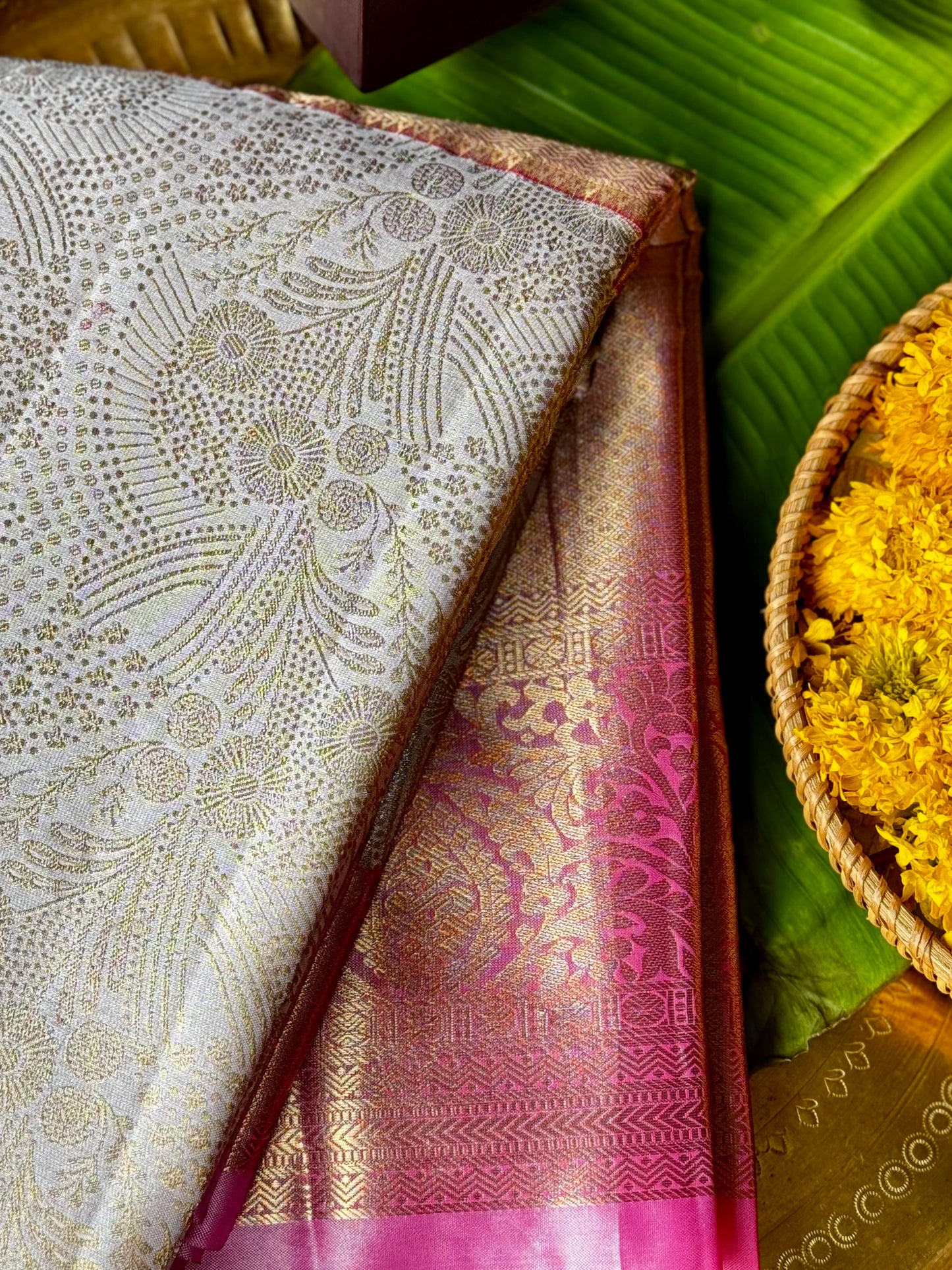 Roja - Ivory & Coral Pink Kanchipuram Silk Saree with Yali Motifs