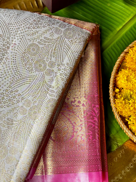 Roja - Ivory & Coral Pink Kanchipuram Silk Saree with Yali Motifs