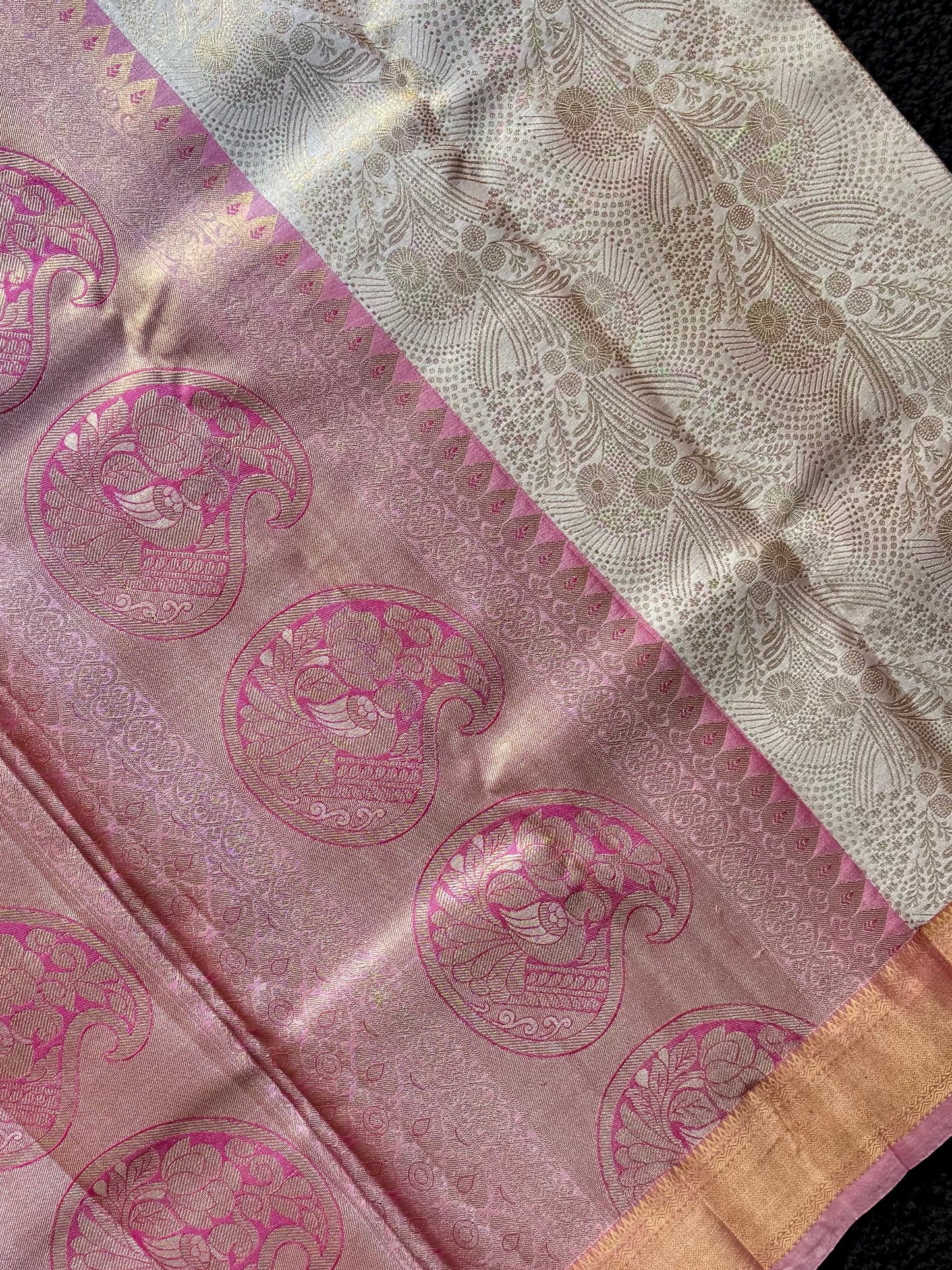 Roja - Ivory & Coral Pink Kanchipuram Silk Saree with Yali Motifs