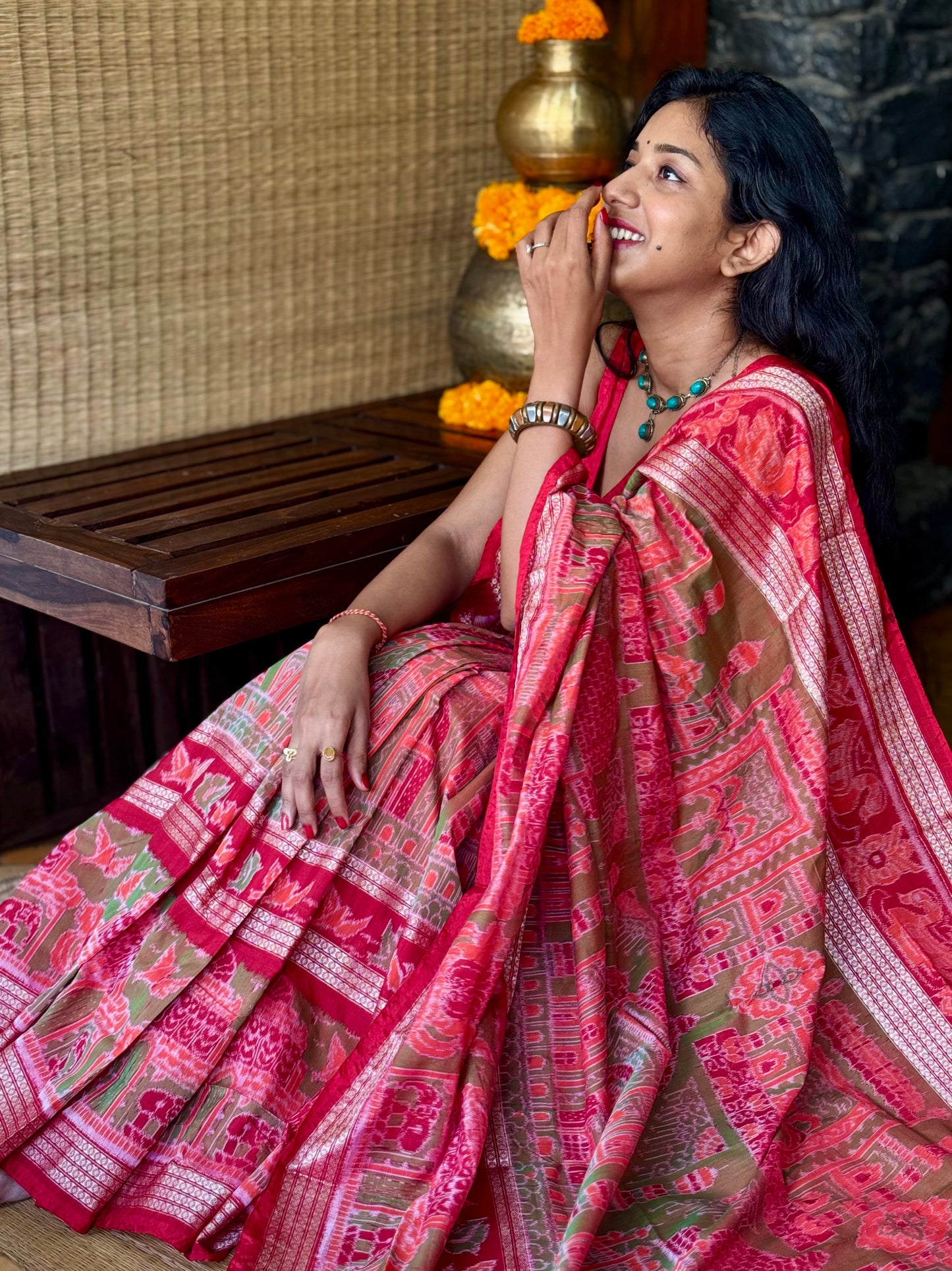 Kesariya - Red & Olive green Sambalpuri Silk-Cotton Saree