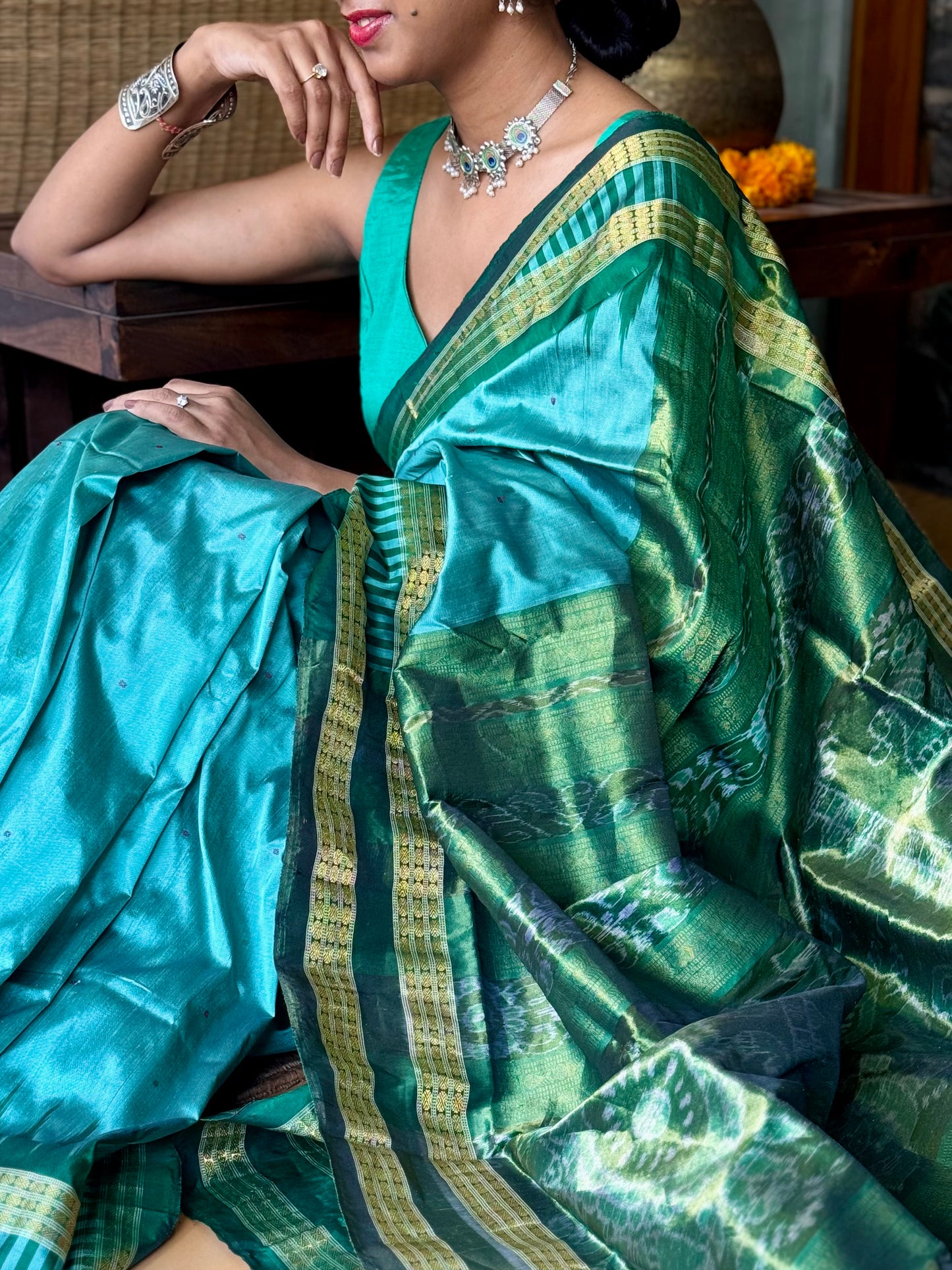 Mayuri - Sea Green & Emerald Green Sambalpuri Bomkai Silk saree
