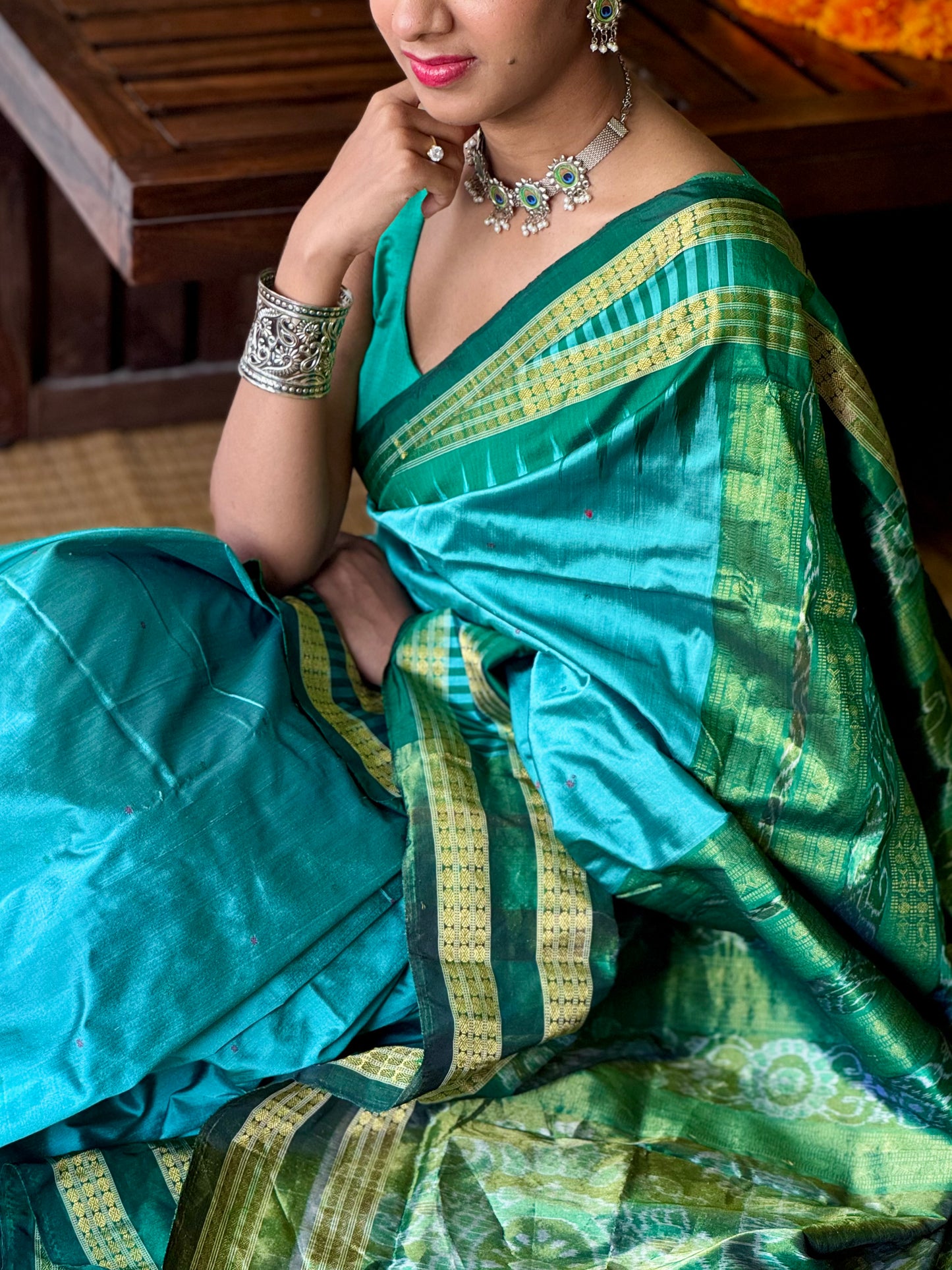 Mayuri - Sea Green & Emerald Green Sambalpuri Bomkai Silk saree