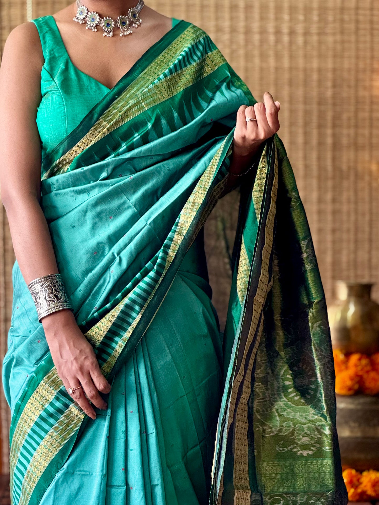 Mayuri - Sea Green & Emerald Green Sambalpuri Bomkai Silk saree