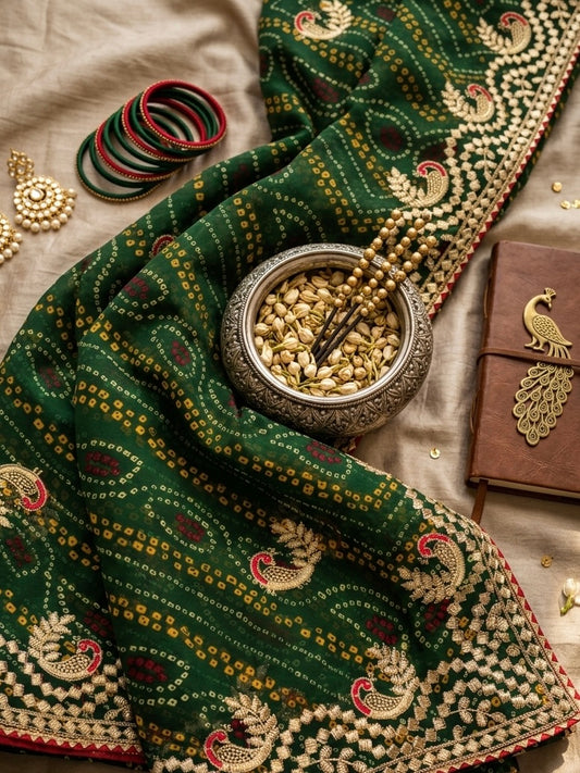 Kumkum – A Handcrafted Green Bandhani Saree with Gota Embroidery