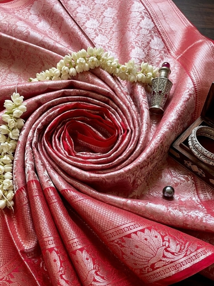 Raktapushpa – Rose Red Self Woven Kanjeevaram Silk Saree with Floral Zari Work