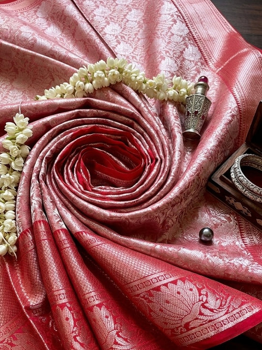 Raktapushpa – Rose Red Self Woven Kanjeevaram Silk Saree with Floral Zari Work
