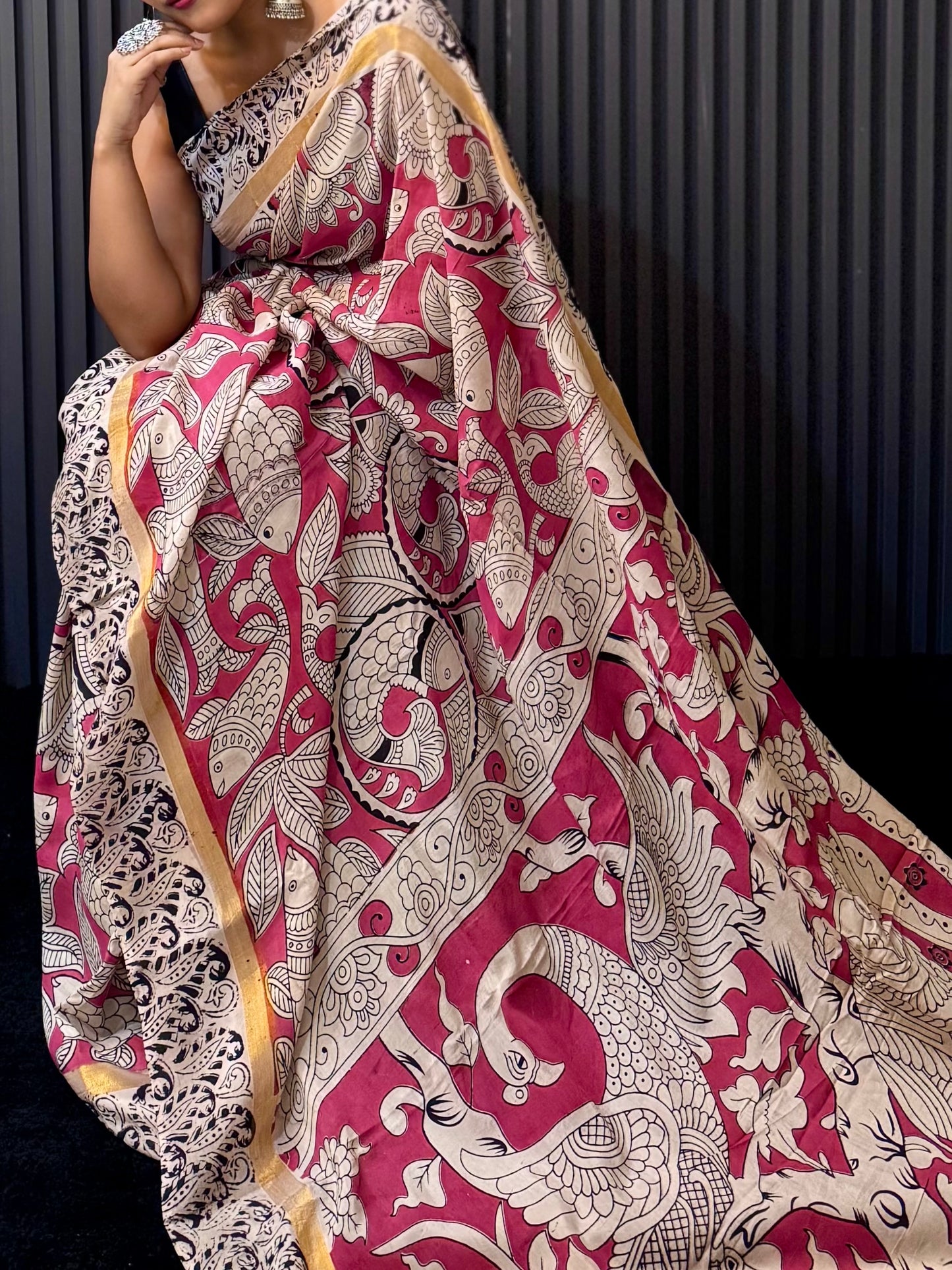 Mayurkatha - Soft Pink Kalamkari silk saree with Peacock & Fish Motifs