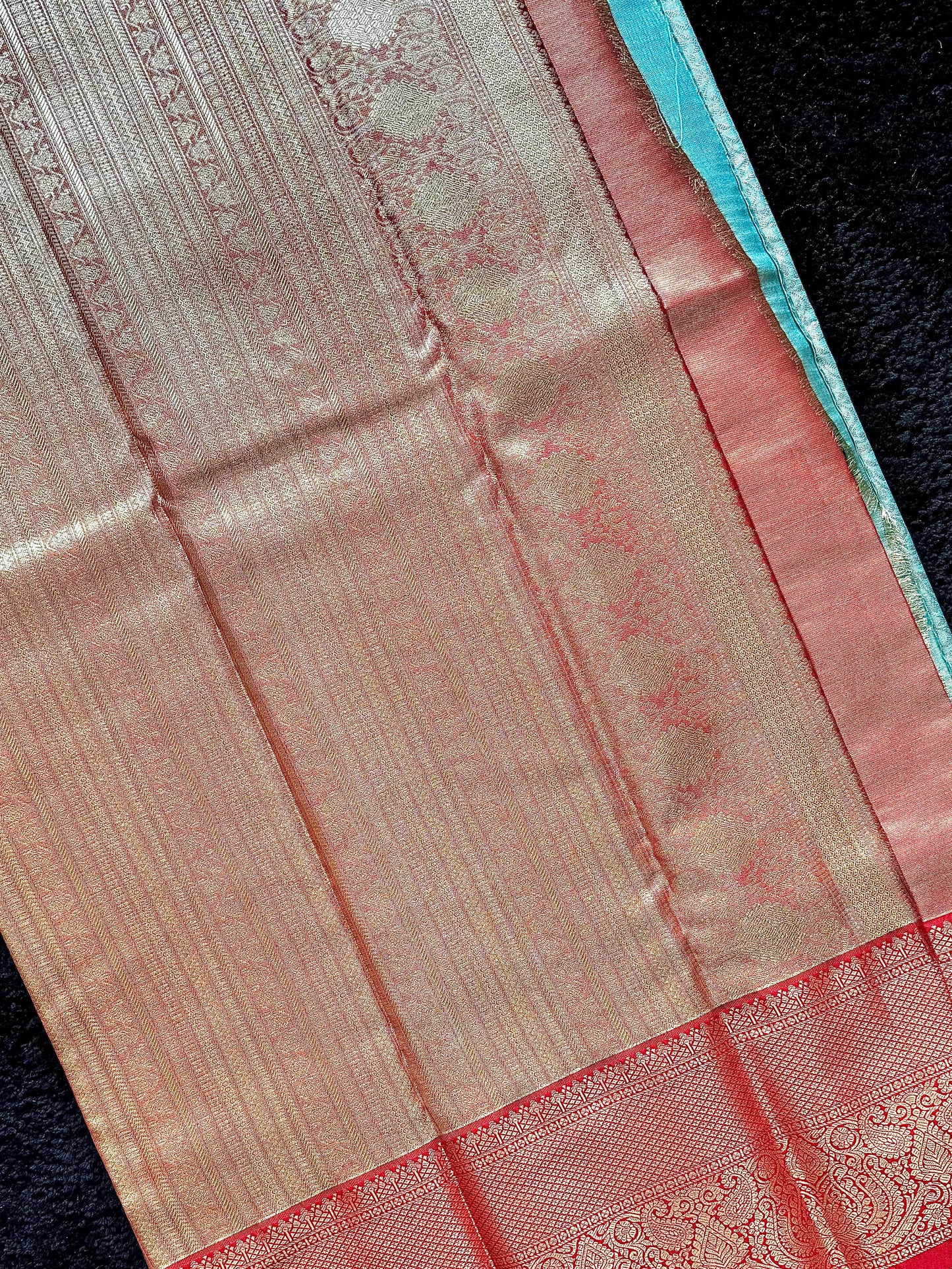 Ishita - Mint Green & Vermilion Red Kanchipuram Silk Saree with Paisley Jaal