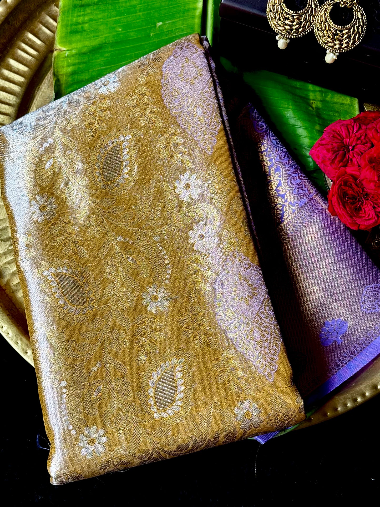 Tarang - Antique Gold & Lavender Kanchipuram Silk Saree with Floral Jaal