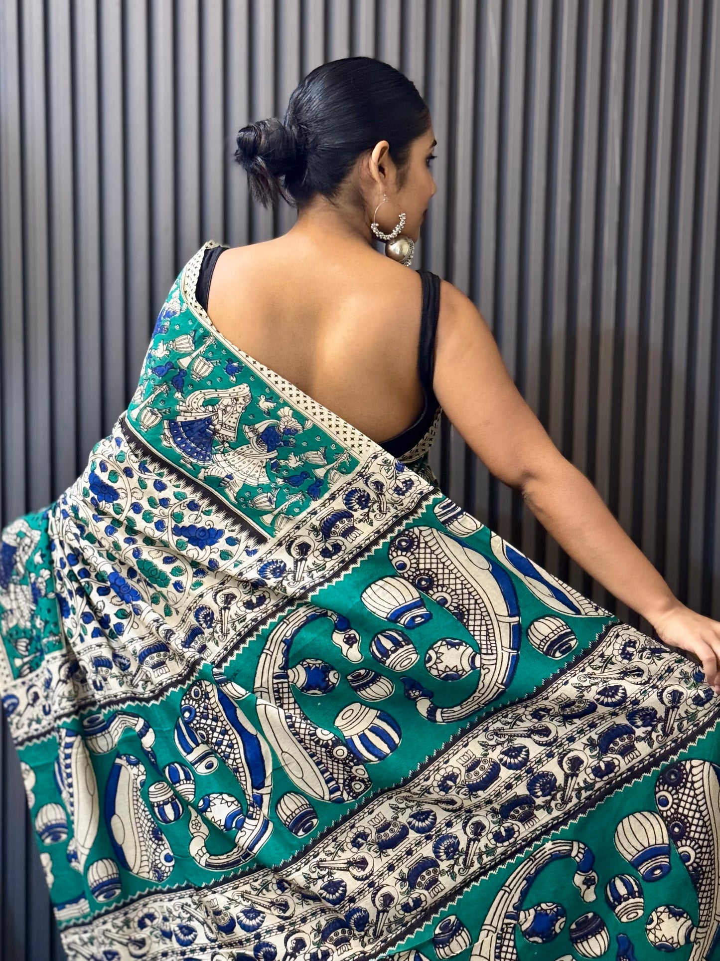 Raagini - Off-White & teal kalamkari mulmul cotton saree with Dance & Musical Motifs