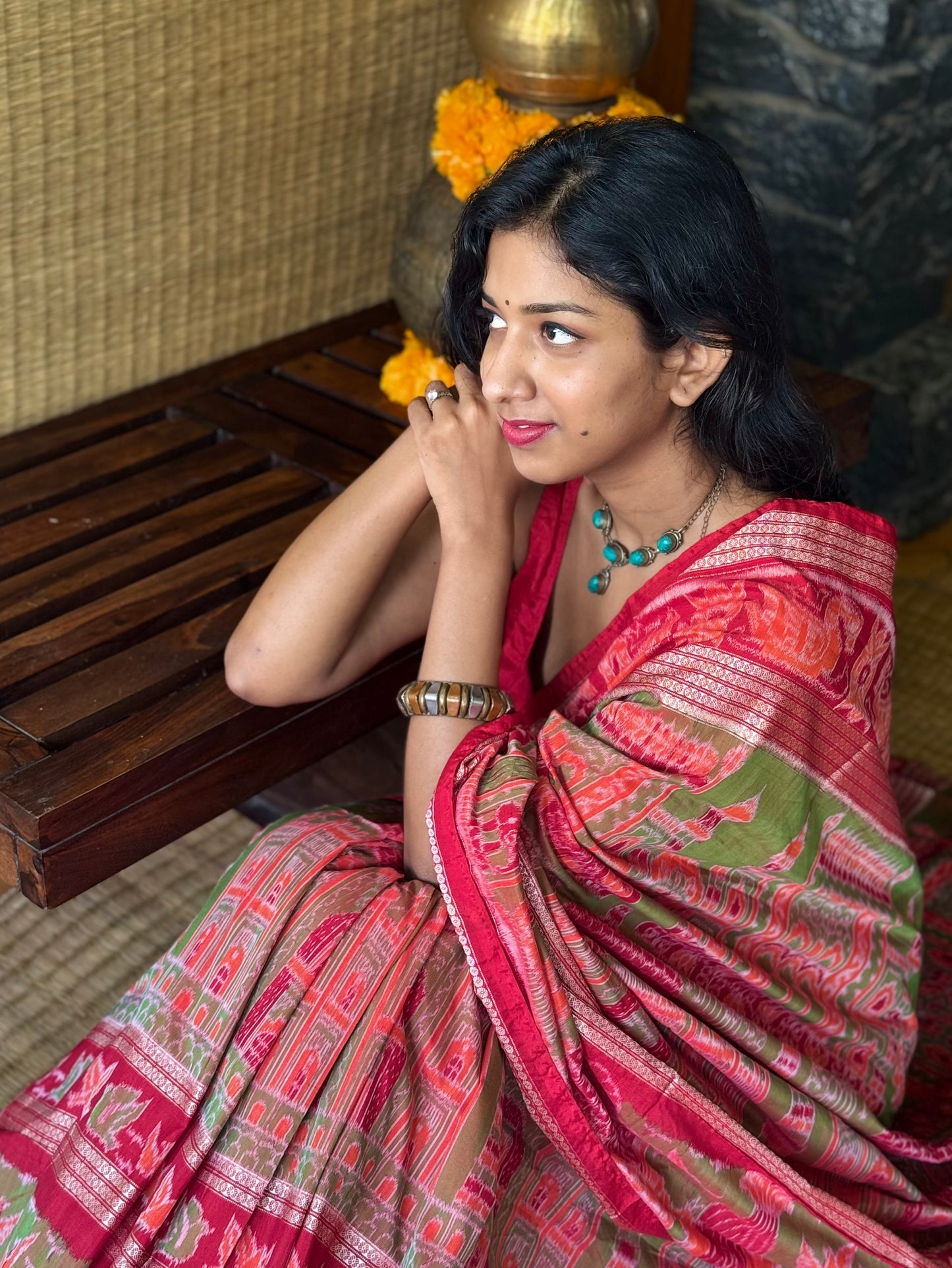 Kesariya - Red & Olive green Sambalpuri Silk-Cotton Saree