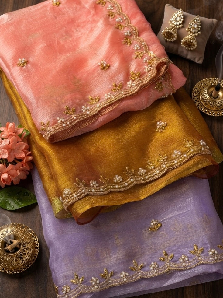 Mrinalini – A Tissue Silk Saree with Pearl and Zari Embroidery