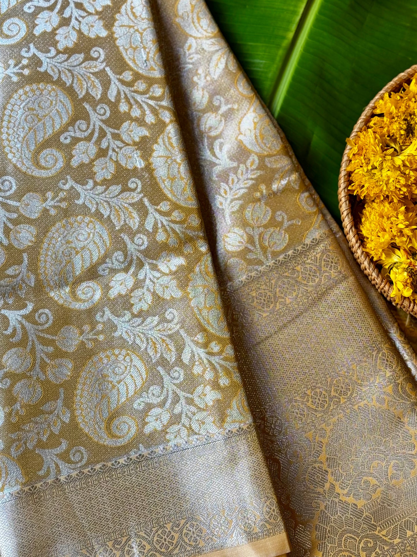 Swarnachandra - Silver & Gold Kanchipuram Silk Saree with Paisley Motifs
