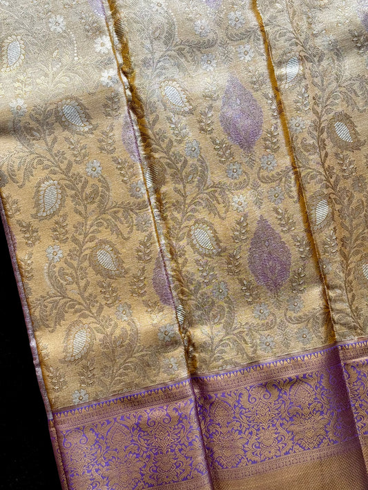 Tarang - Antique Gold & Lavender Kanchipuram Silk Saree with Floral Jaal