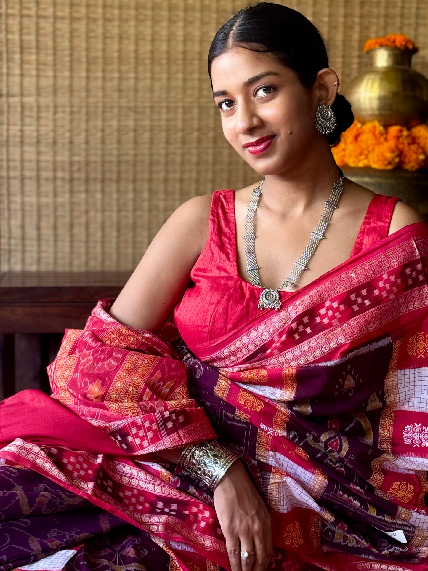 Rajasi - Plum & Crimson Red Sambalpuri Cotton Saree