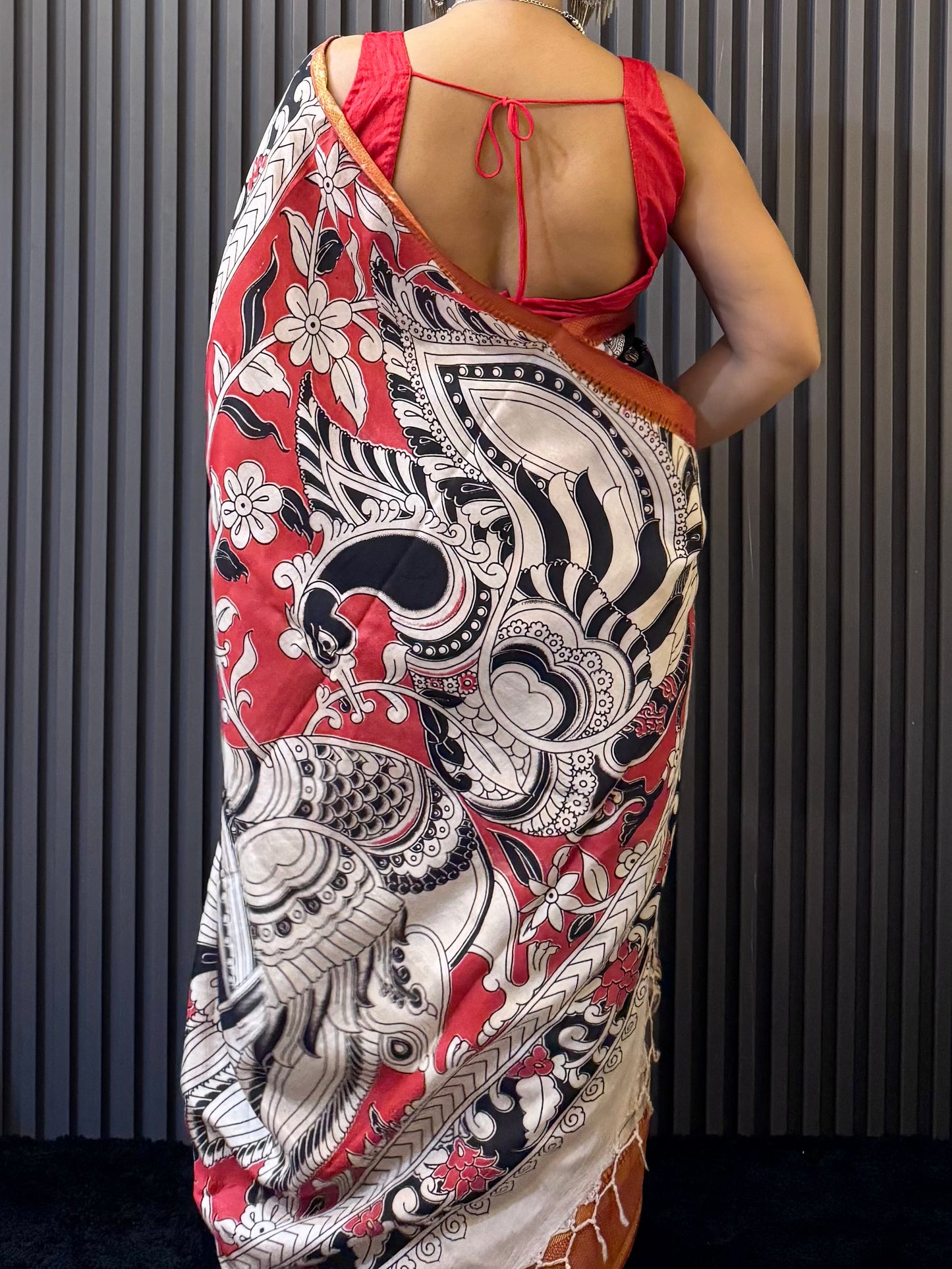 Kalika - Black Kalamkari silk saree with Deity & Peacock Motifs