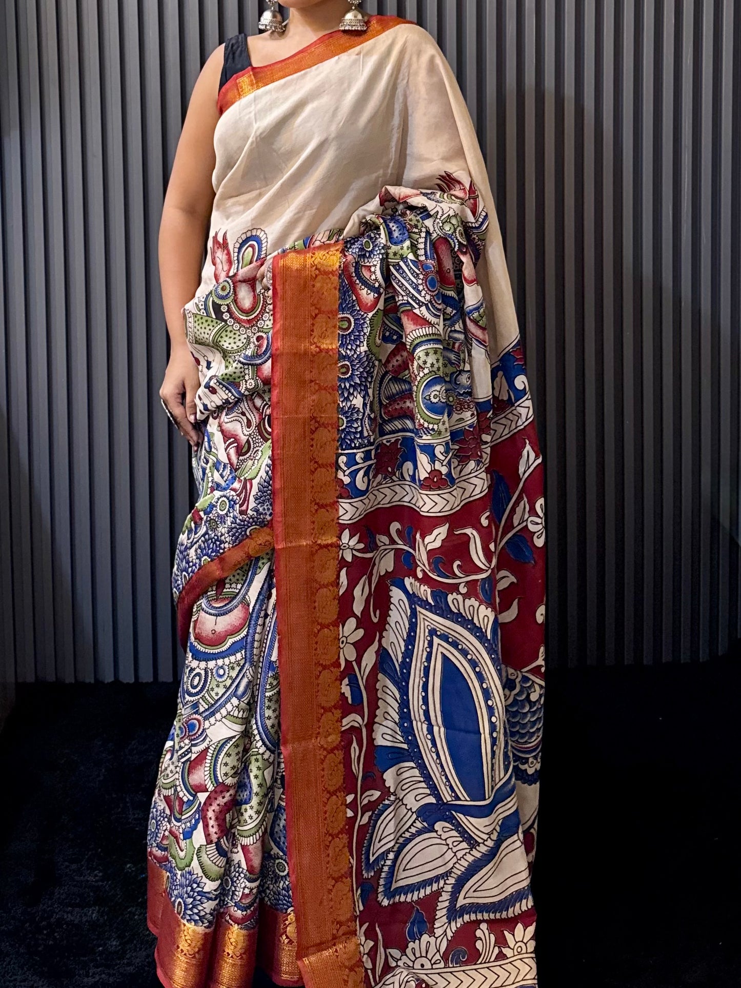 Ira - Beige kalamkari silk saree with Mythological & Peacock Motifs