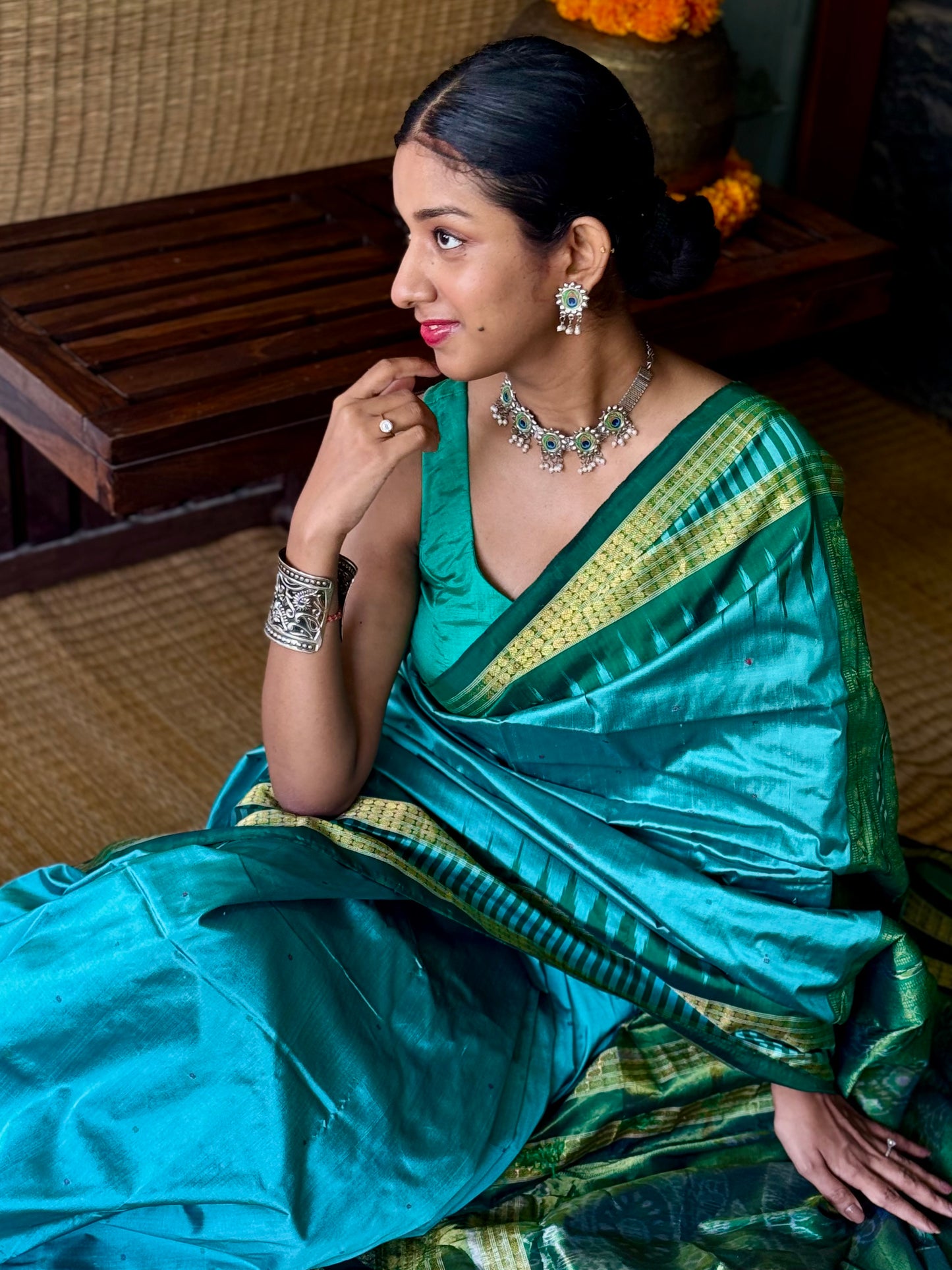 Mayuri - Sea Green & Emerald Green Sambalpuri Bomkai Silk saree