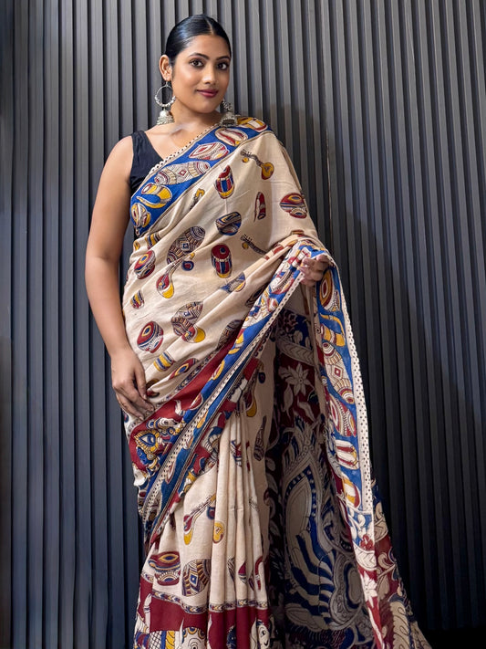 Swarangi - Cream Kalamkari mulmul cotton saree with Musical & Mythological Motifs