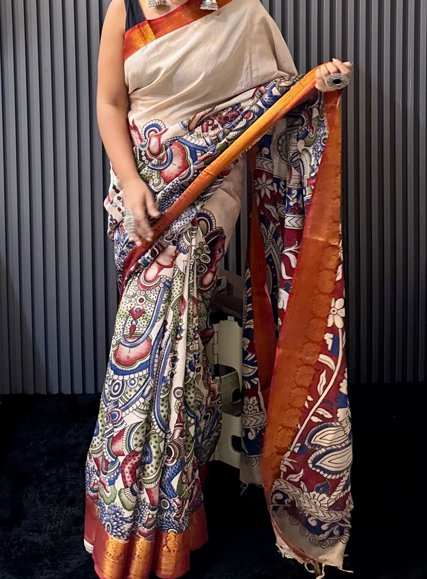 Ira - Beige kalamkari silk saree with Mythological & Peacock Motifs