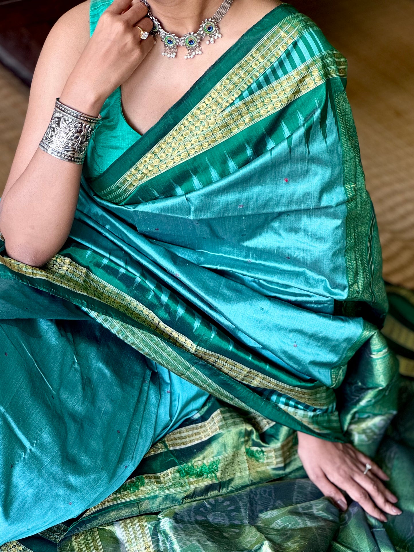 Mayuri - Sea Green & Emerald Green Sambalpuri Bomkai Silk saree