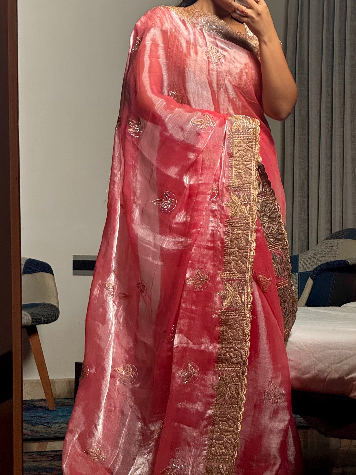 Pranaya – A Rose Gold Tissue Silk Saree with Zari Leaf Embroidery