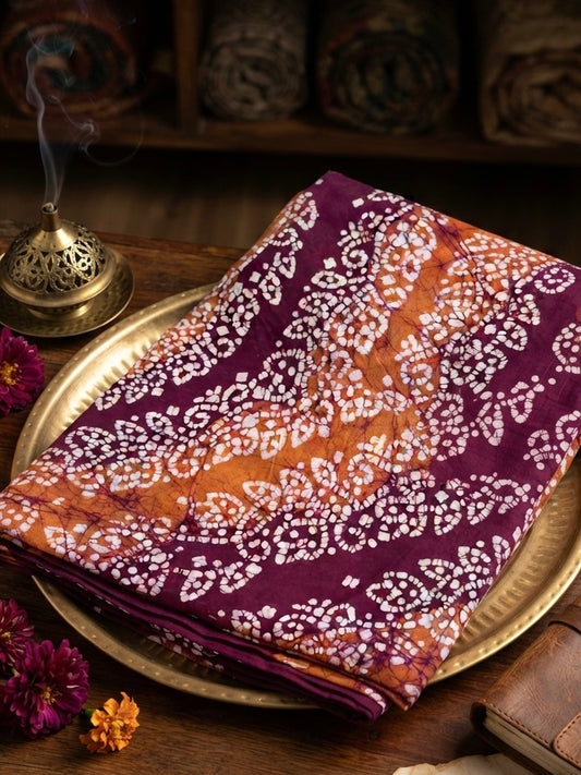 Rakta Lehar – Maroon Batik Cotton Saree with Resist-Dyed Patterns