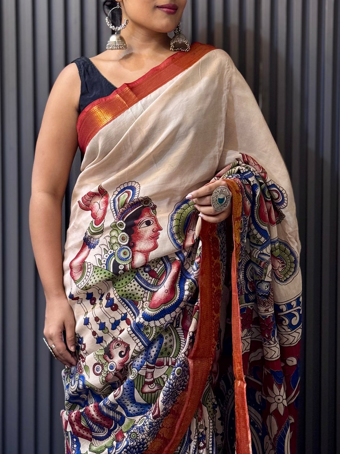 Ira - Beige kalamkari silk saree with Mythological & Peacock Motifs