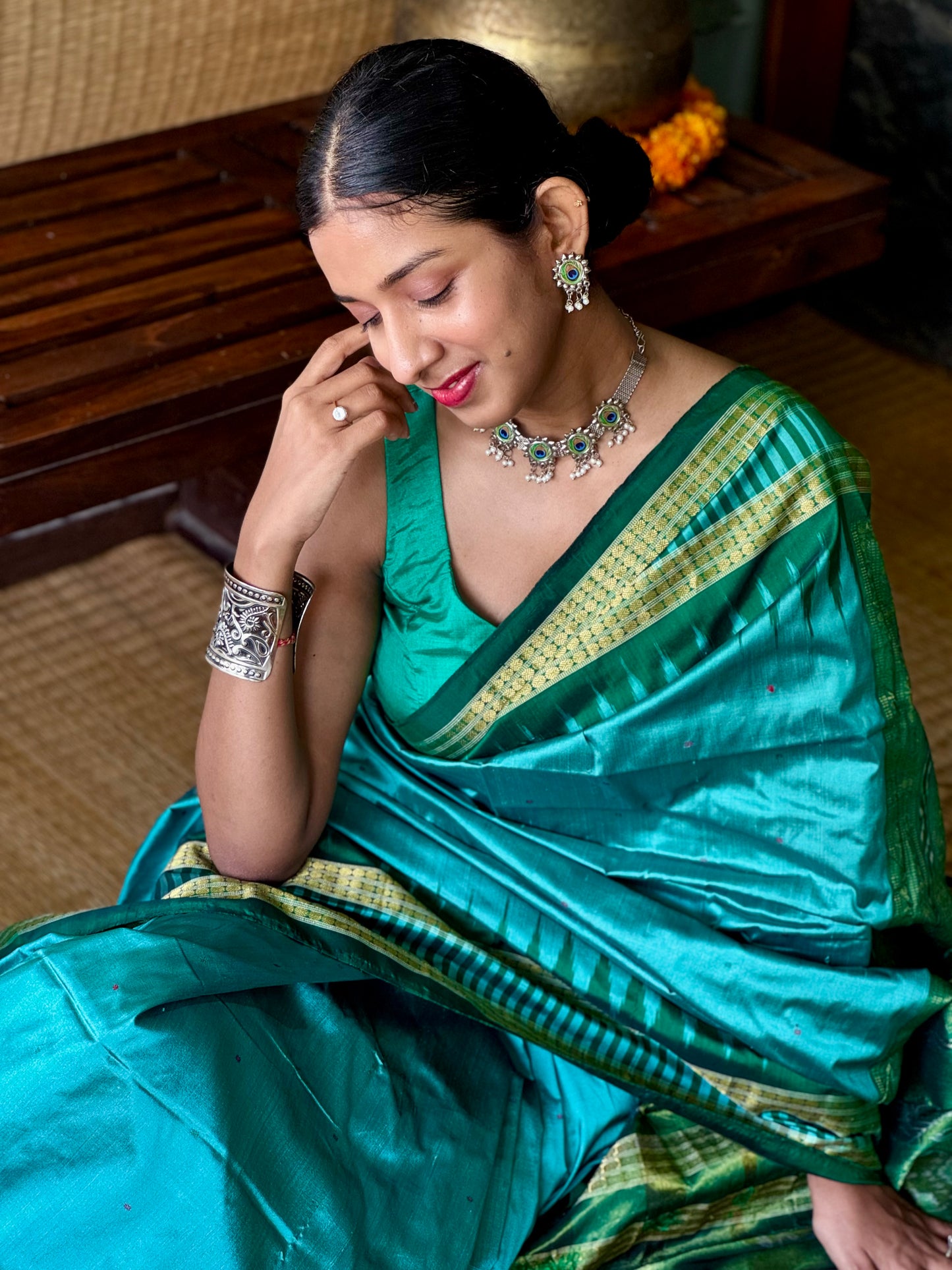 Mayuri - Sea Green & Emerald Green Sambalpuri Bomkai Silk saree