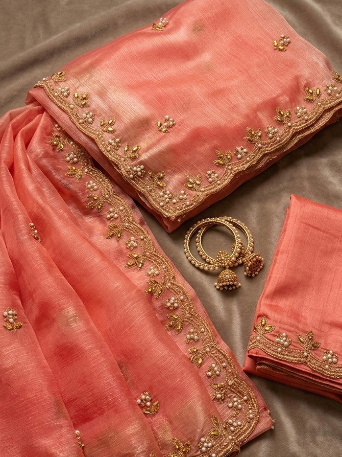 Mrinalini – A Tissue Silk Saree with Pearl and Zari Embroidery