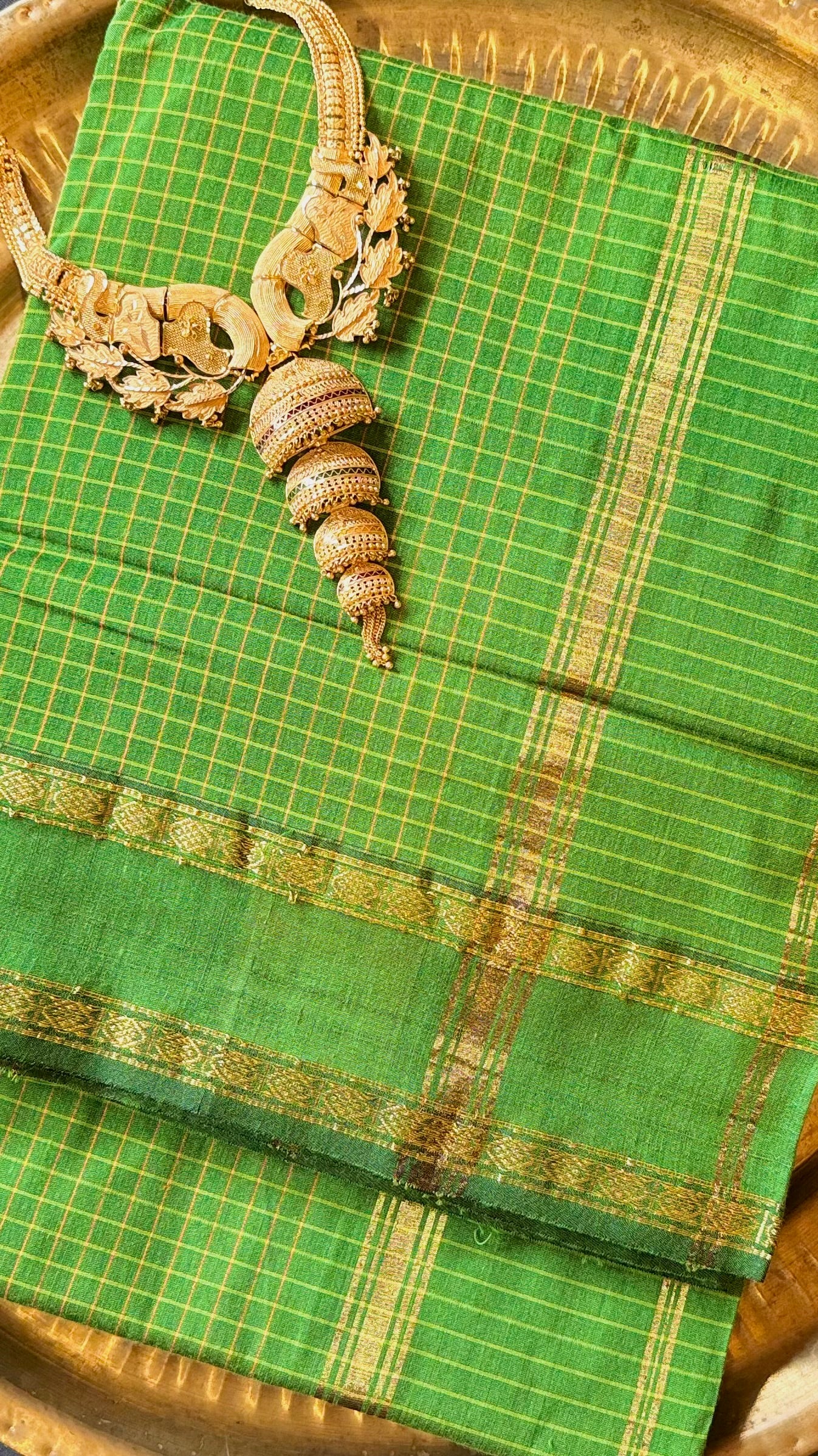Vanya – A Handwoven Green Checkered Saree with Gold Zari Detailing