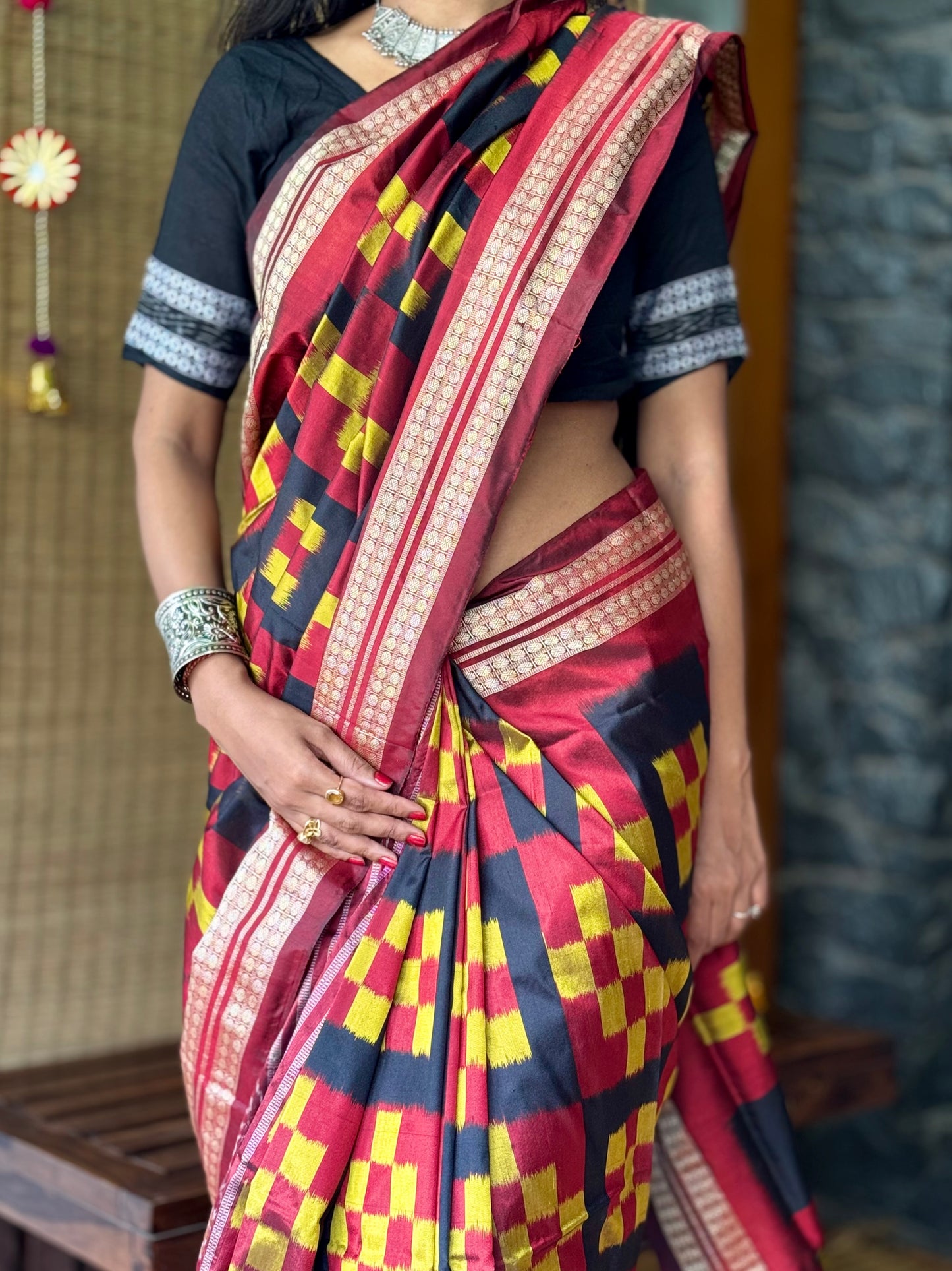 Chandrika - Maroon, Black & Mustard Yellow Pasapalli Sambalpuri Silk saree